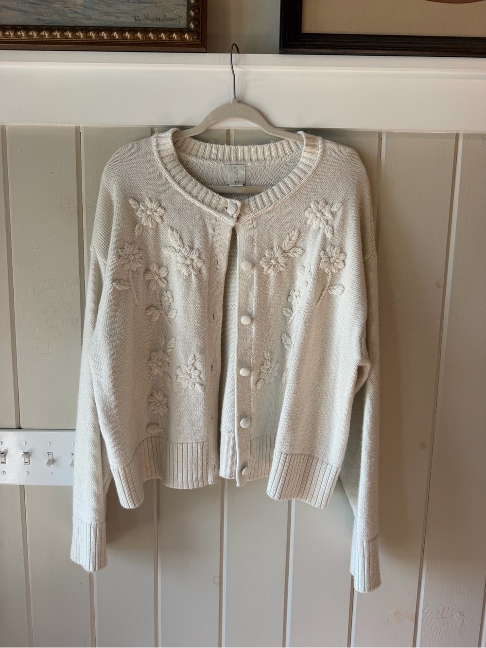 Joie Cream Floral Embroidered Button-Front Cardigan, Size XL